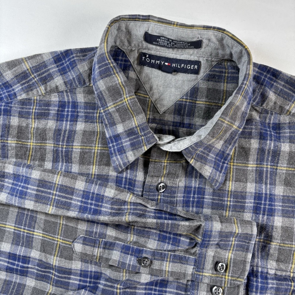 Vintage Tommy Hilfiger Button Down Plaid Flannel Men XL Y2K Embroidered Logo